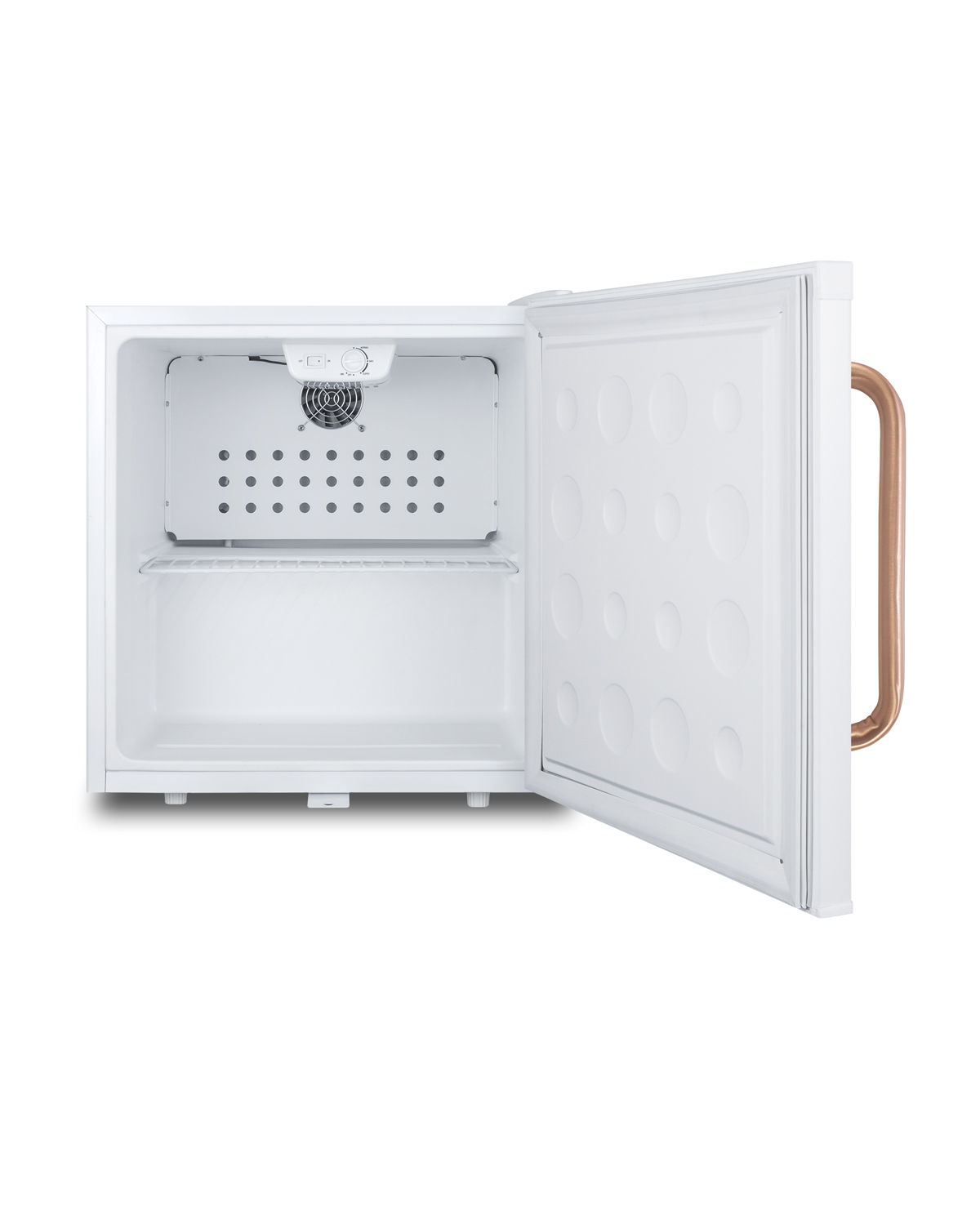 Compact 1.7 cu.ft. all-refrigerator in white with pure copper handle, automatic defrost, front lock, and flat door liner